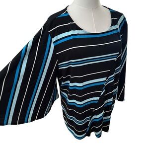 Women's XXL Black Blue Striped Stretch PLUS Flare Half Sleeve Boxy Work Blouse